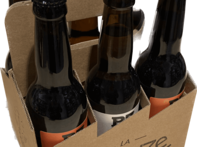 Boîte de carton contenant six bouteilles de bière Binouze