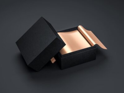 Coffret noir avec intérieur métallique doré, packaging luxe